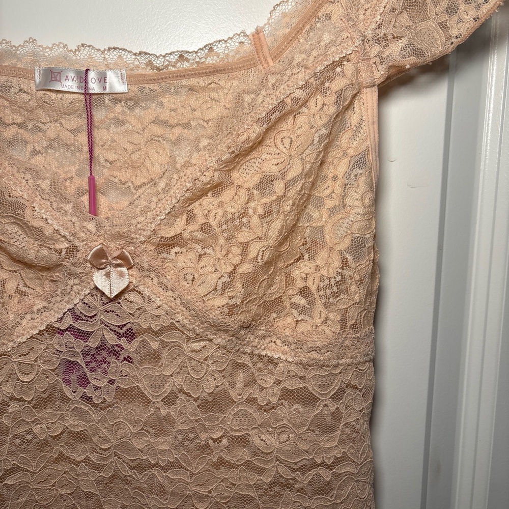 Free People Style Nude Lace Off Shoulder Top | Romantic Boho Coquette Going Out - Picture 4 of 6
